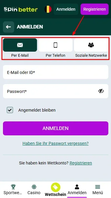 Spinbetter BE: Möglichkeiten zur Anmeldung