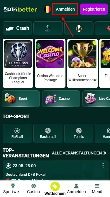 Spinbetter Belgien – Anmelde-Button