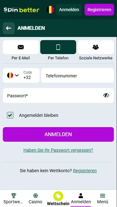 Spinbetter Belgien Login über Telefonnummer