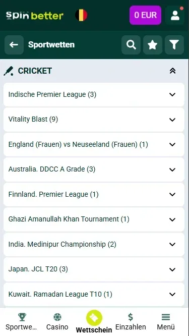 Spinbetter Belgien Cricket-Spiele und -Events