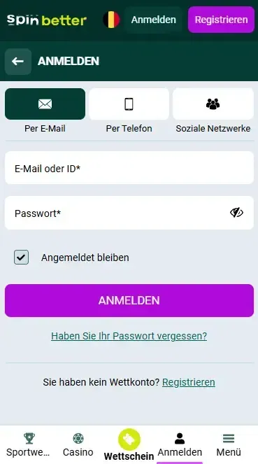 Spinbetter Belgien Login per E-Mail
