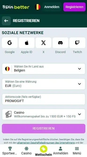 Spinbetter Belgien Promo-Code
