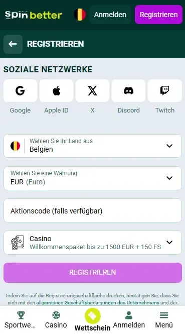 Spinbetter Belgien Registrierung über soziale Netzwerke