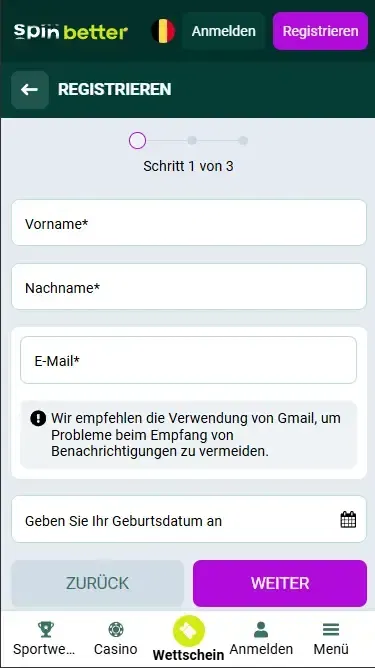 Registrierung bei Spinbetter per E-Mail in Belgien