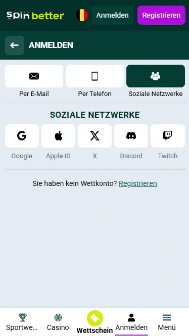 Spinbetter Belgien: Anmeldung über soziale Netzwerke