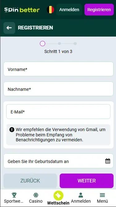 Spinbetter Belgien: Registrierung per E-Mail