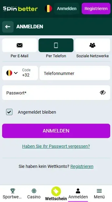 Spinbetter Belgien: Anmeldung per Telefonnummer