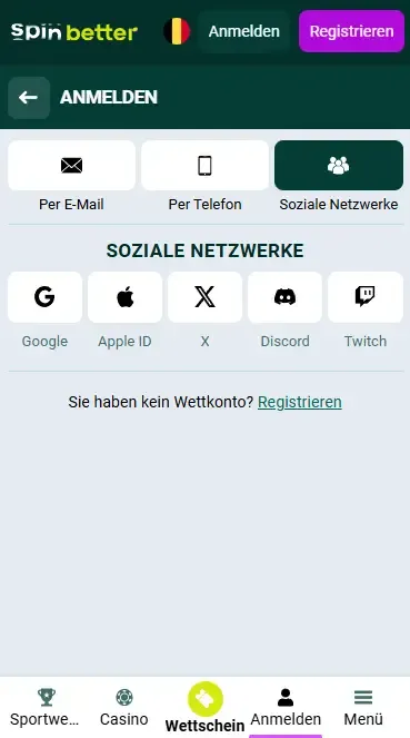 Spinbetter-Anmeldung über soziale Netzwerke in Belgien