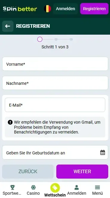 Spinbetter Registrierung in Belgien per E-Mail