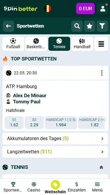 Tennis-Events bei Spinbetter Belgien