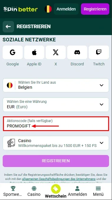Spinbetter Promo-Code Belgien
