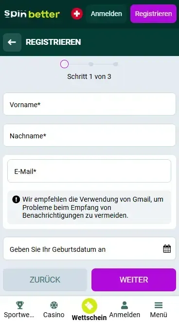 Spinbetter Schweiz Registrierung per E-Mail