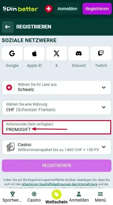Spinbetter Schweiz Promo-Code