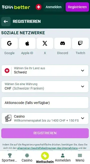 Spinbetter Schweiz Registrierung über soziale Netzwerke