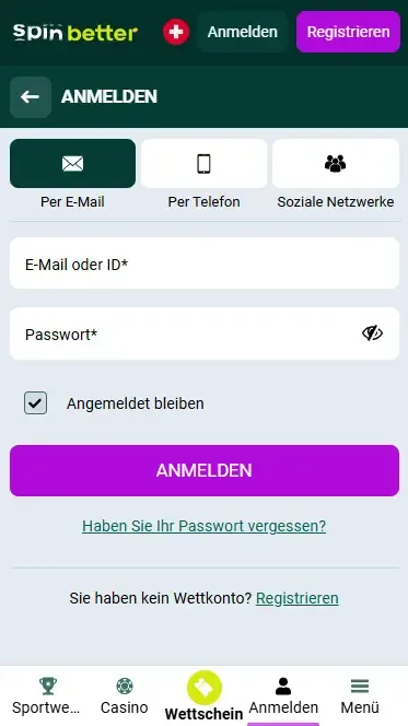 Spinbetter Schweiz – Anmeldung per E-Mail