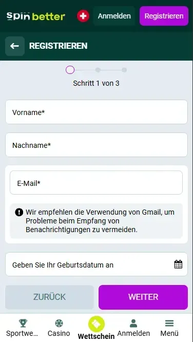 Anmeldung bei Spinbetter per E-Mail in der Schweiz