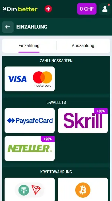 Spinbetter Schweiz Einzahlungsmethoden