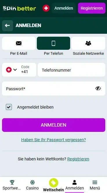 Spinbetter Schweiz Login per Telefonnummer