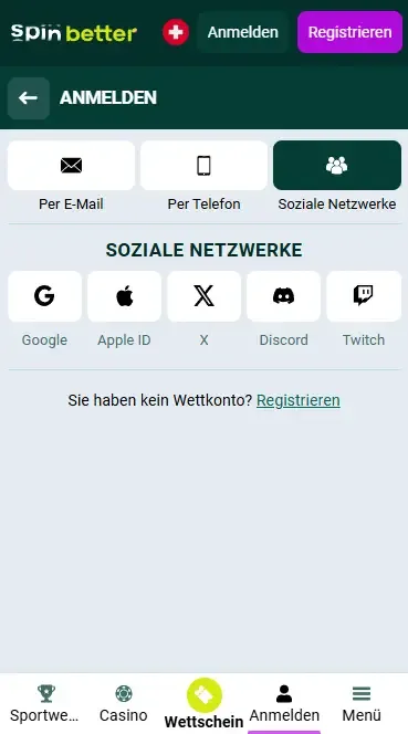 Spinbetter Schweiz Login über soziale Netzwerke
