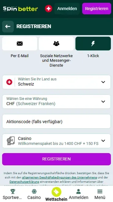 Spinbetter-Registrierung mit einem Klick