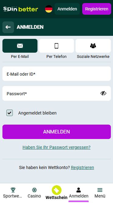 Spinbetter Login via Email