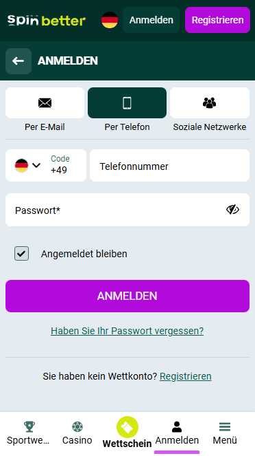 Spinbetter Login via Telefonnummer