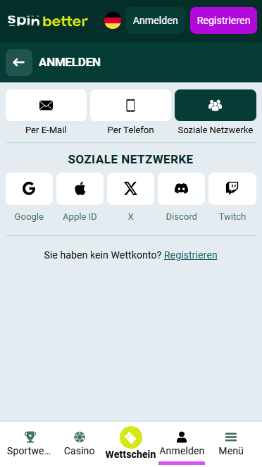 Spinbetter Login via soziale Netzwerke