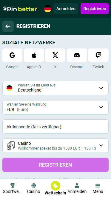 Spinbetter Registrierung über soziale Netzwerke