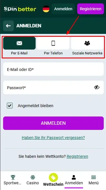 Spinbetter DE: Anmeldemöglichkeiten