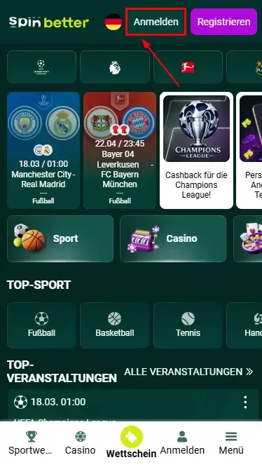 Spinbetter Deutschland – Anmelde-Button