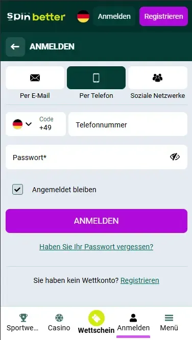 Spinbetter Deutschland Login per Telefonnummer