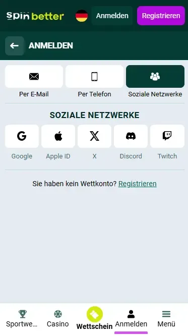 Spinbetter DE Login über soziale Netzwerke