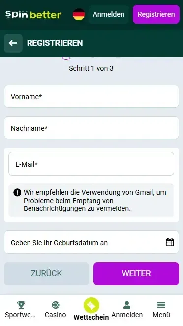 Spinbetter Deutschland: Registrierung per E-Mail