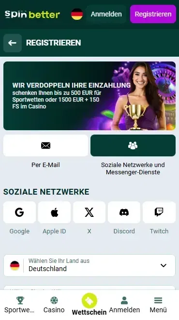 Spinbetter DE Registrierung