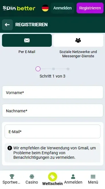Spinbetter DE: Registrierung in der App