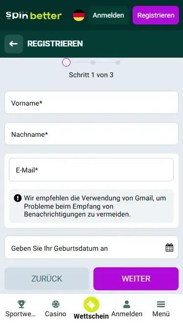 Spinbetter Deutschland: Registrierung per E-Mail