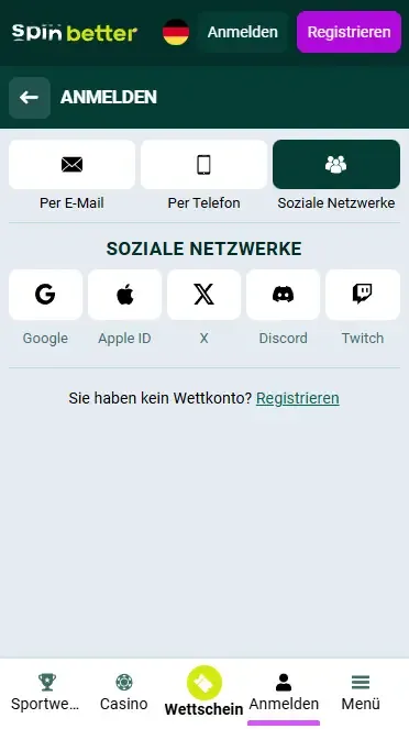 Spinbetter Deutschland Login über soziale Netzwerke