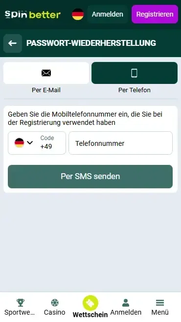 Passwortwiederherstellung per Telefonnummer