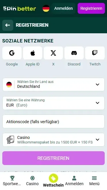 Bei Spinbetter über soziale Netzwerke anmelden