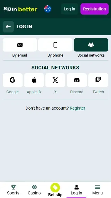Spinbetter AU Login via Social Nets