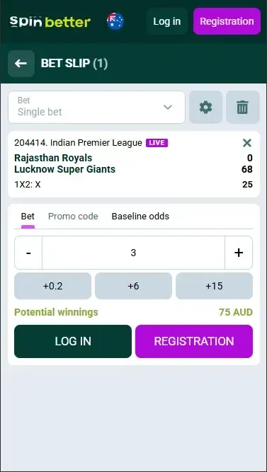 Spinbetter Australia: Cricket Bet Slip