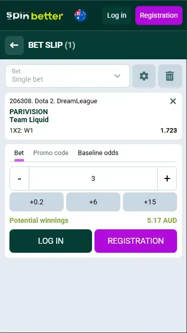 Spinbetter Australia: Esport Bet Slip
