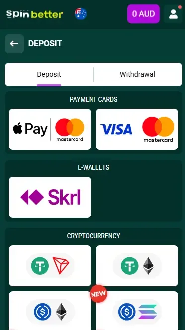 Spinbetter Deposit Options