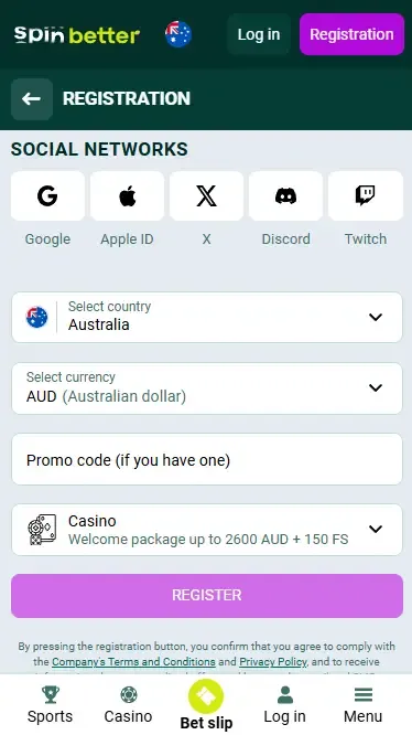 Spinbetter AU Registration