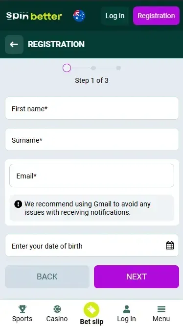 Spinbetter Australia Registration via Email