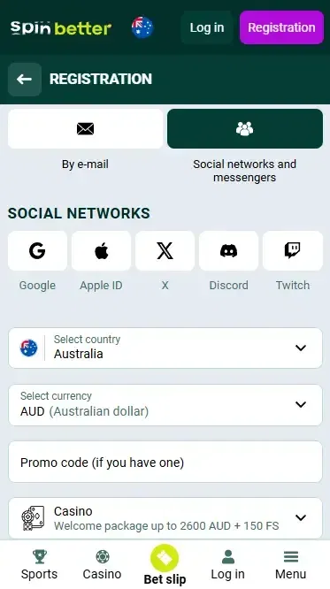 Spinbetter Australia Registration via Social Networks