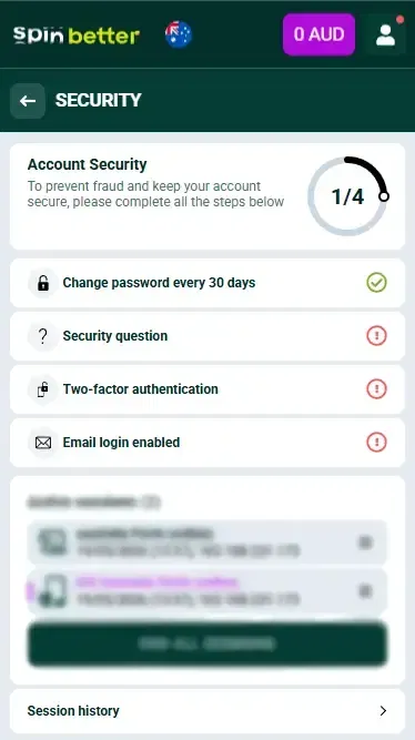 Spinbetter Australia: Account Protection