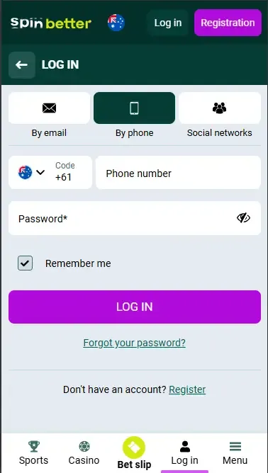 Spinbetter Australia Login via Phone Number