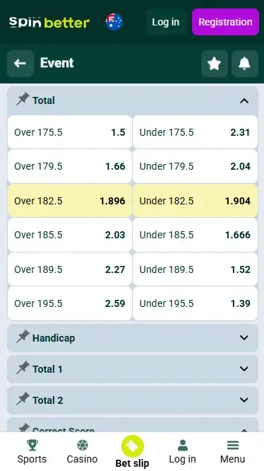 Spinbetter Australia Volleyball Totals and Handicap