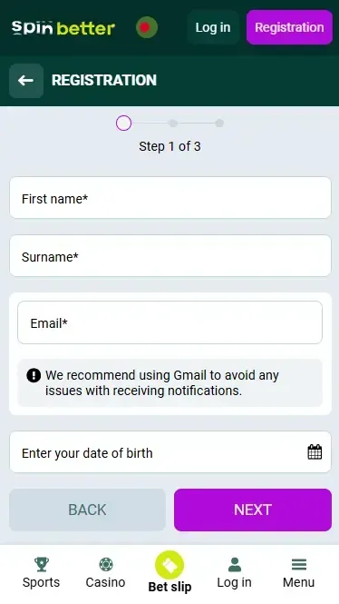 Spinbetter Registration via Email in Bangladesh